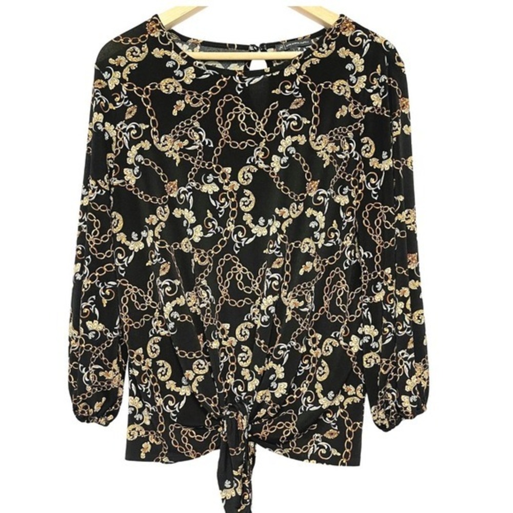 Adrianna Papell Jersey Knit Top Womens L Black Gold Chain Print Blouse Tie Front